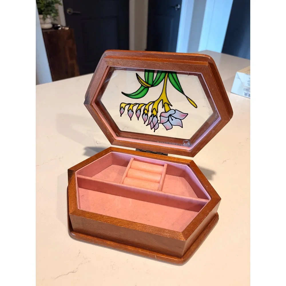 Vintage Mele Wood Jewelry Box Hexagon Stained Glass Flower Lid Pink Lining Boho